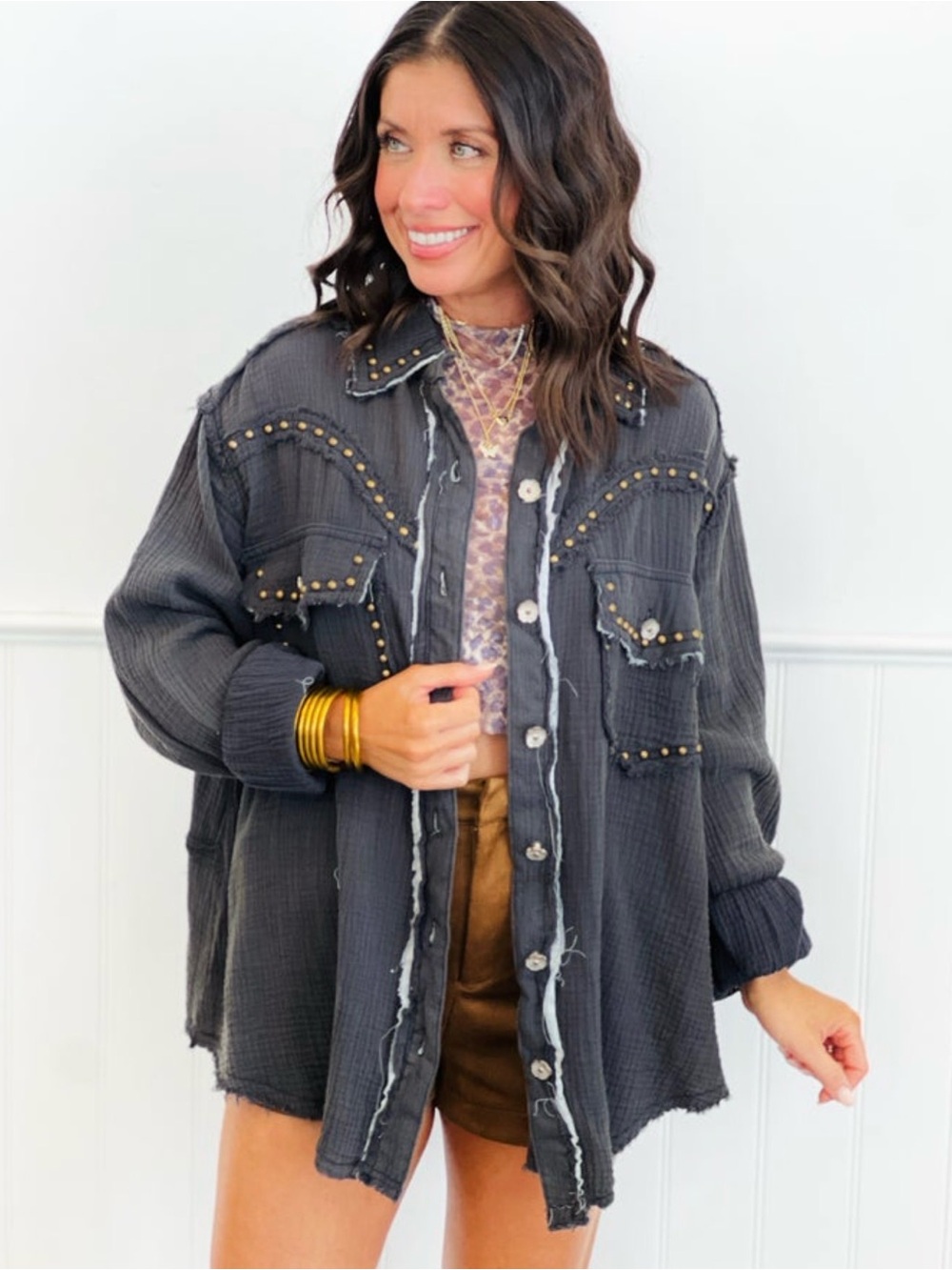 POL Stud-Embellished Charcoal Button-Front Shacket Small